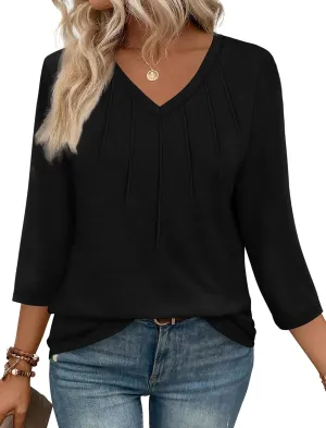 SAMPEEL 3/4 Length Sleeve Womens Tops Pleated V Neck Dressy Casual Blouses Summer Outfits Plus Size Spring Clothes