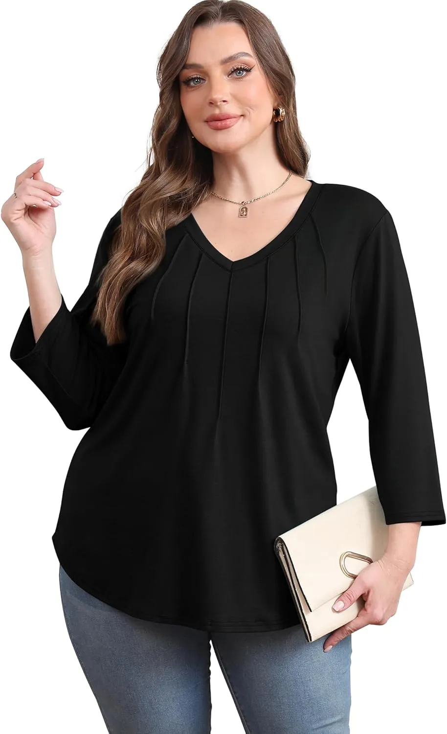 SAMPEEL 3/4 Length Sleeve Womens Tops Pleated V Neck Dressy Casual Blouses Summer Outfits Plus Size Spring Clothes