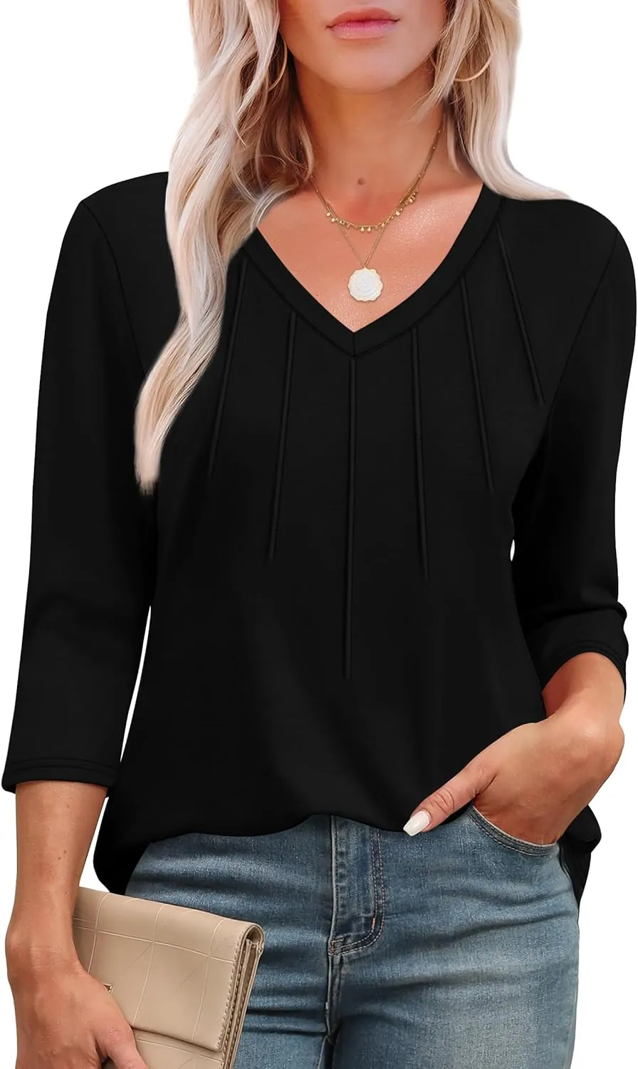 SAMPEEL 3/4 Length Sleeve Womens Tops Pleated V Neck Dressy Casual Blouses Summer Outfits Plus Size Spring Clothes