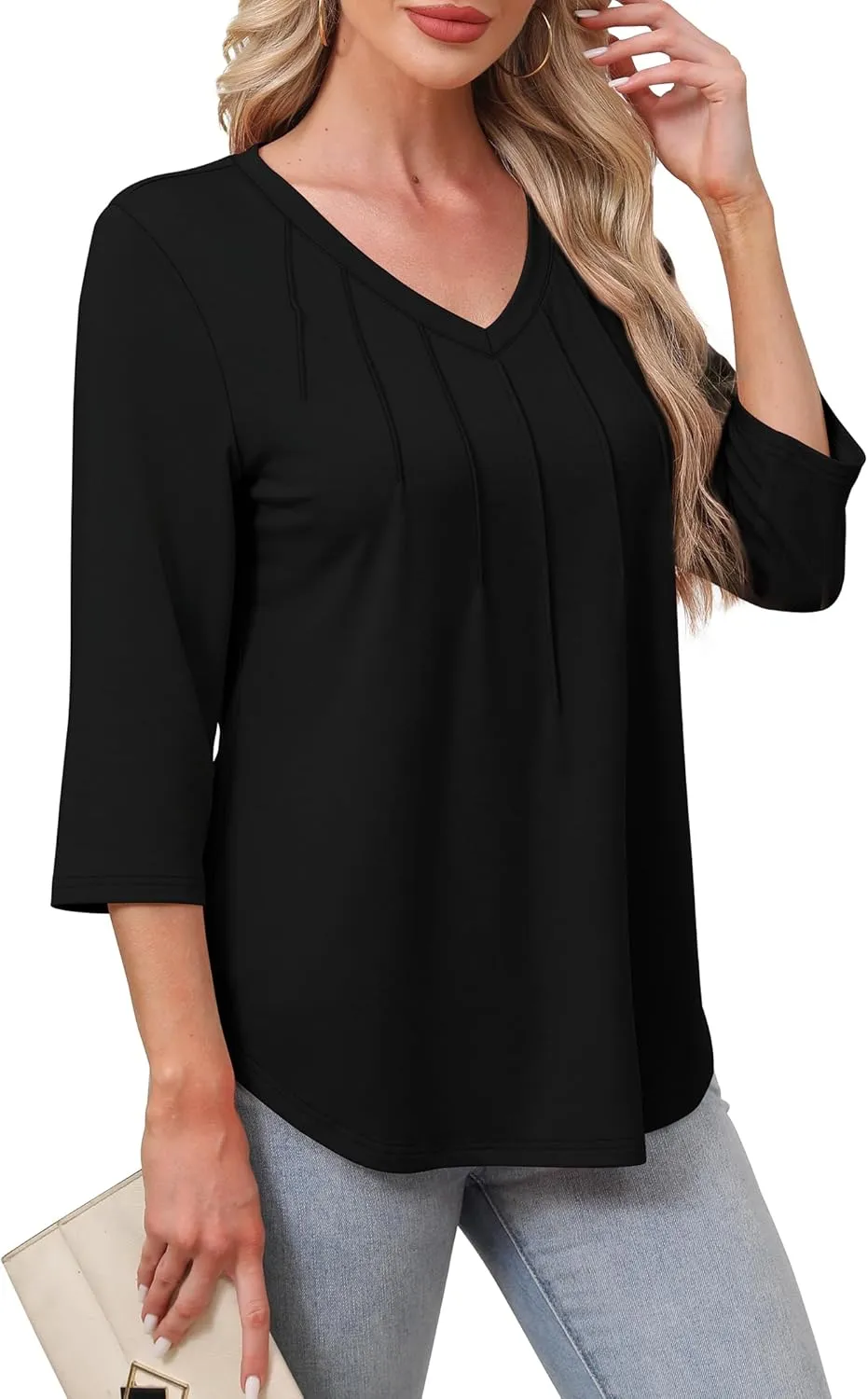 SAMPEEL 3/4 Length Sleeve Womens Tops Pleated V Neck Dressy Casual Blouses Summer Outfits Plus Size Spring Clothes