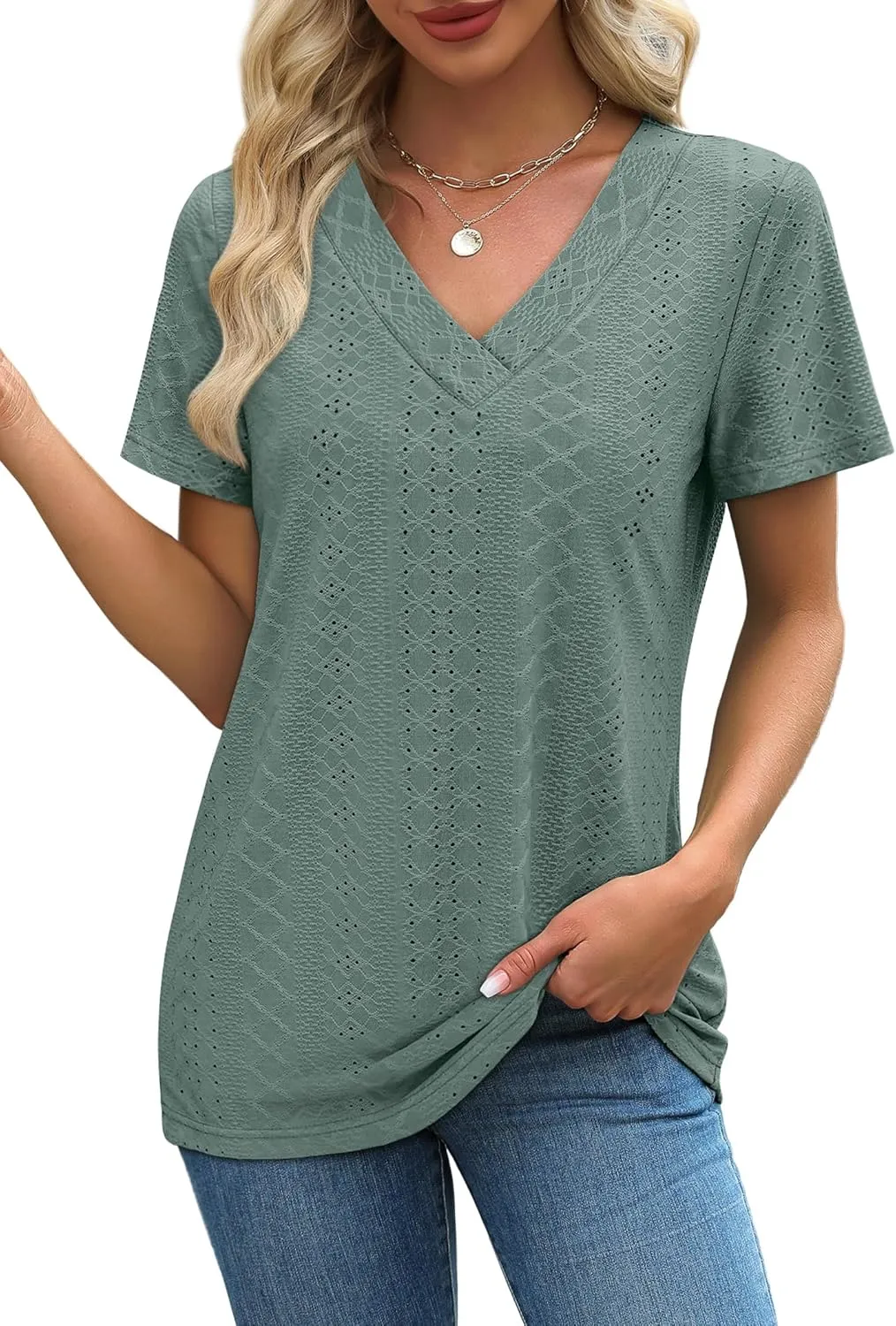 SAMPEEL Womens Summer Tops Trendy 2025 Eyelet Crossed V Neck T Shirts Loose Casual Short Sleeve Tshirts Shirts Fashion