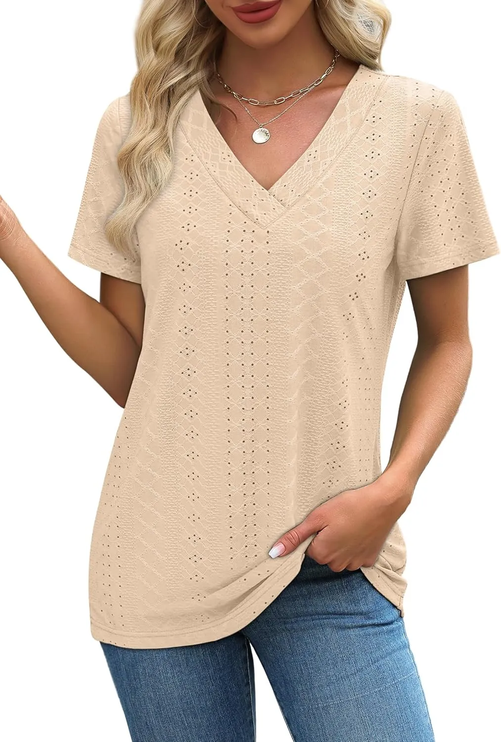 SAMPEEL Womens Summer Tops Trendy 2025 Eyelet Crossed V Neck T Shirts Loose Casual Short Sleeve Tshirts Shirts Fashion