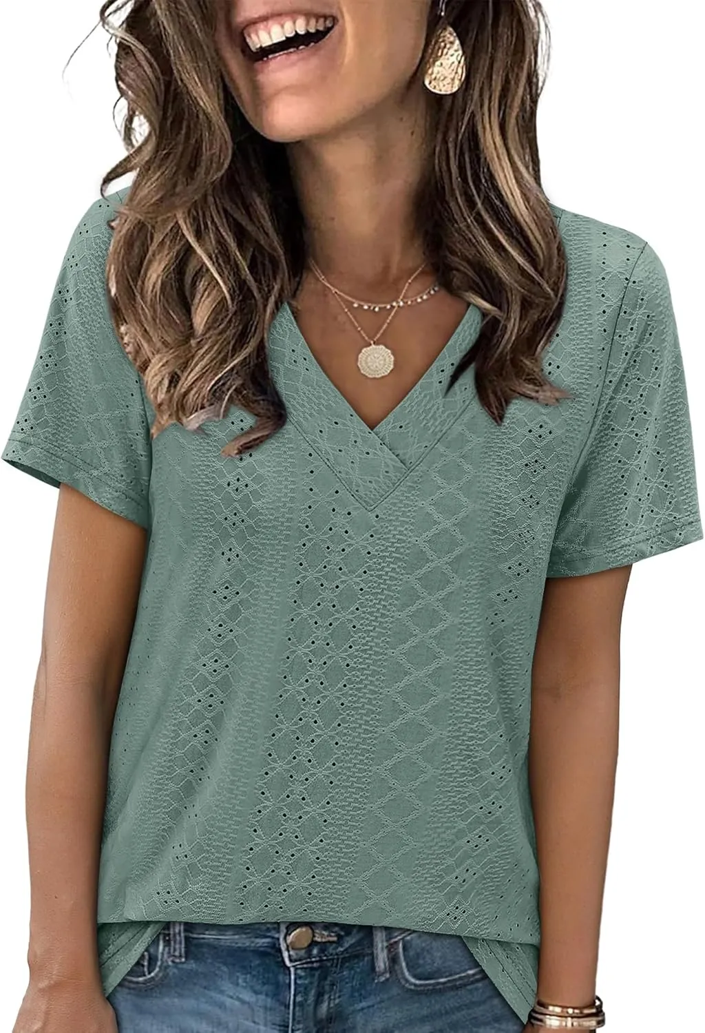 SAMPEEL Womens Summer Tops Trendy 2025 Eyelet Crossed V Neck T Shirts Loose Casual Short Sleeve Tshirts Shirts Fashion