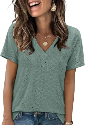 SAMPEEL Womens Summer Tops Trendy 2025 Eyelet Crossed V Neck T Shirts Loose Casual Short Sleeve Tshirts Shirts Fashion