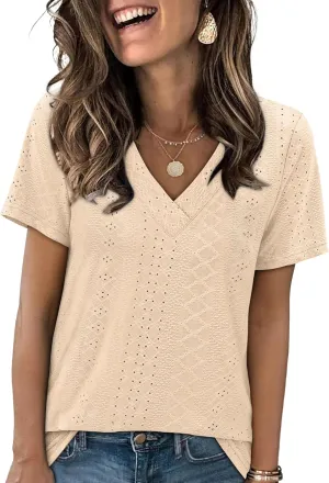 SAMPEEL Womens Summer Tops Trendy 2025 Eyelet Crossed V Neck T Shirts Loose Casual Short Sleeve Tshirts Shirts Fashion