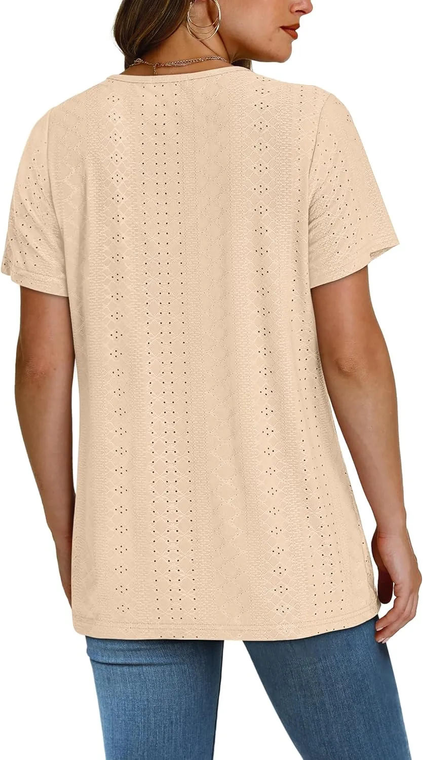 SAMPEEL Womens Summer Tops Trendy 2025 Eyelet Crossed V Neck T Shirts Loose Casual Short Sleeve Tshirts Shirts Fashion