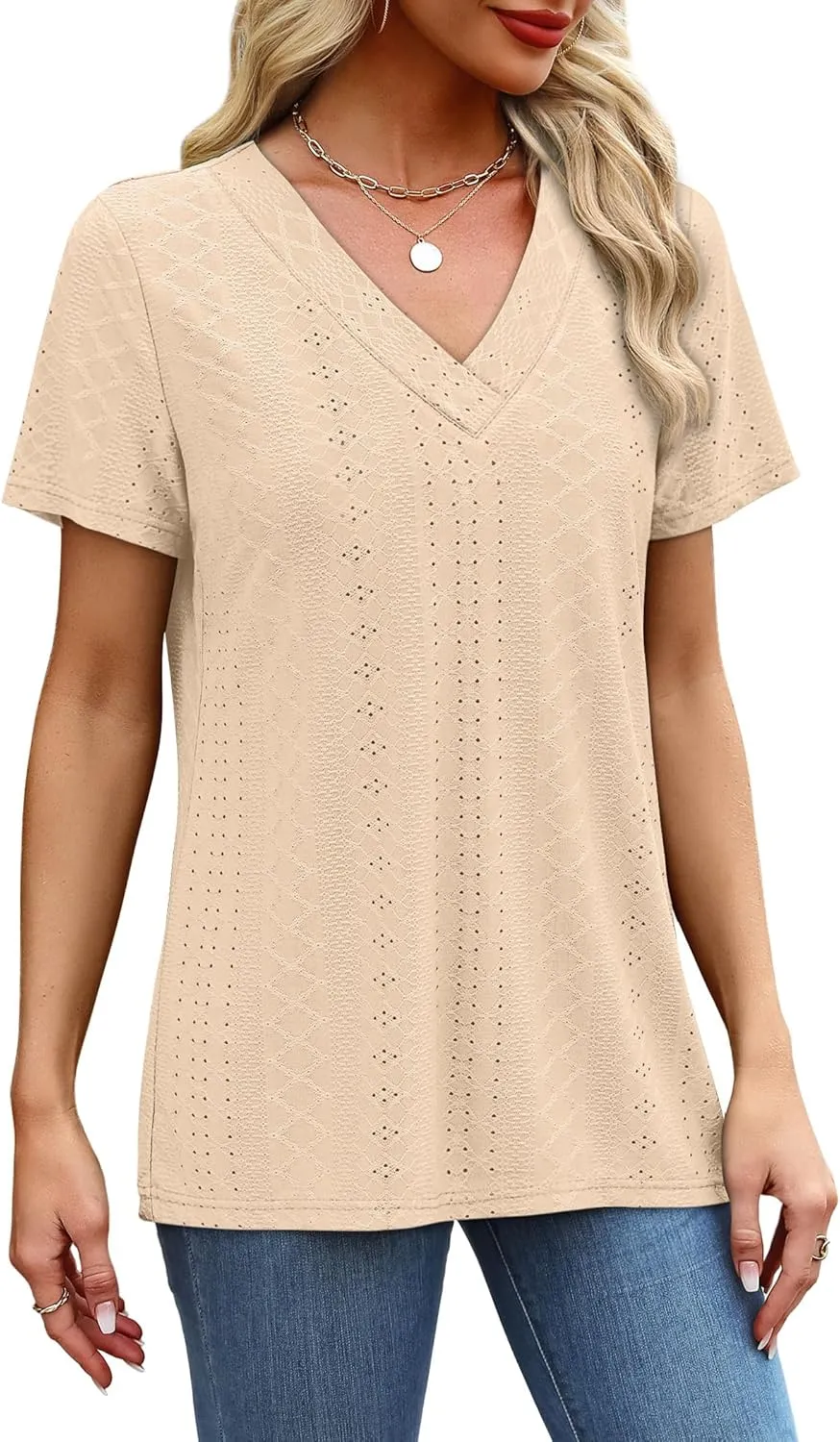 SAMPEEL Womens Summer Tops Trendy 2025 Eyelet Crossed V Neck T Shirts Loose Casual Short Sleeve Tshirts Shirts Fashion