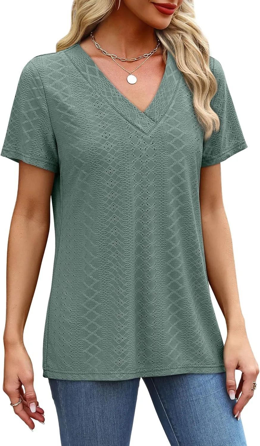 SAMPEEL Womens Summer Tops Trendy 2025 Eyelet Crossed V Neck T Shirts Loose Casual Short Sleeve Tshirts Shirts Fashion
