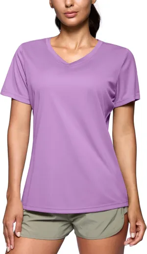 SANTINY Women's V Neck Short Sleeve Shirts Uv Protectioin Moisture Wicking Hiking Workout Athletic T Shirts for Women