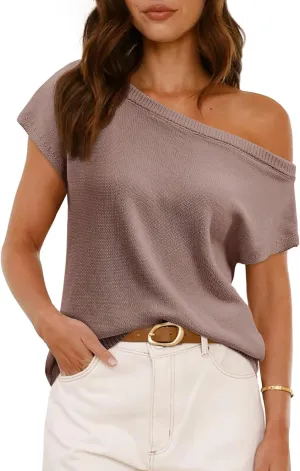 Saodimallsu Womens Off One Shoulder Sweater Tops Summer Short Sleeve Casual Loose Knit Trendy Going Out Tops
