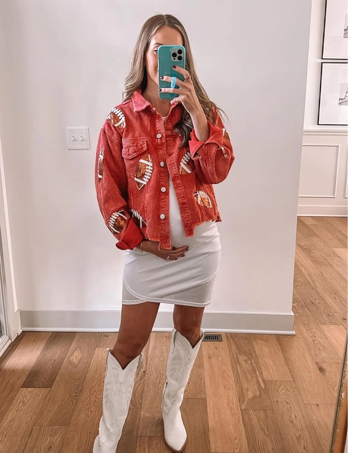 SeekMe Women's Cropped Corduroy Jacket Football Sequin Patched Short Button Raw Hem Jacket Coat