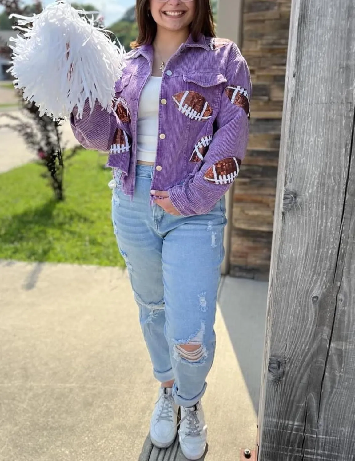 SeekMe Women's Cropped Corduroy Jacket Football Sequin Patched Short Button Raw Hem Jacket Coat