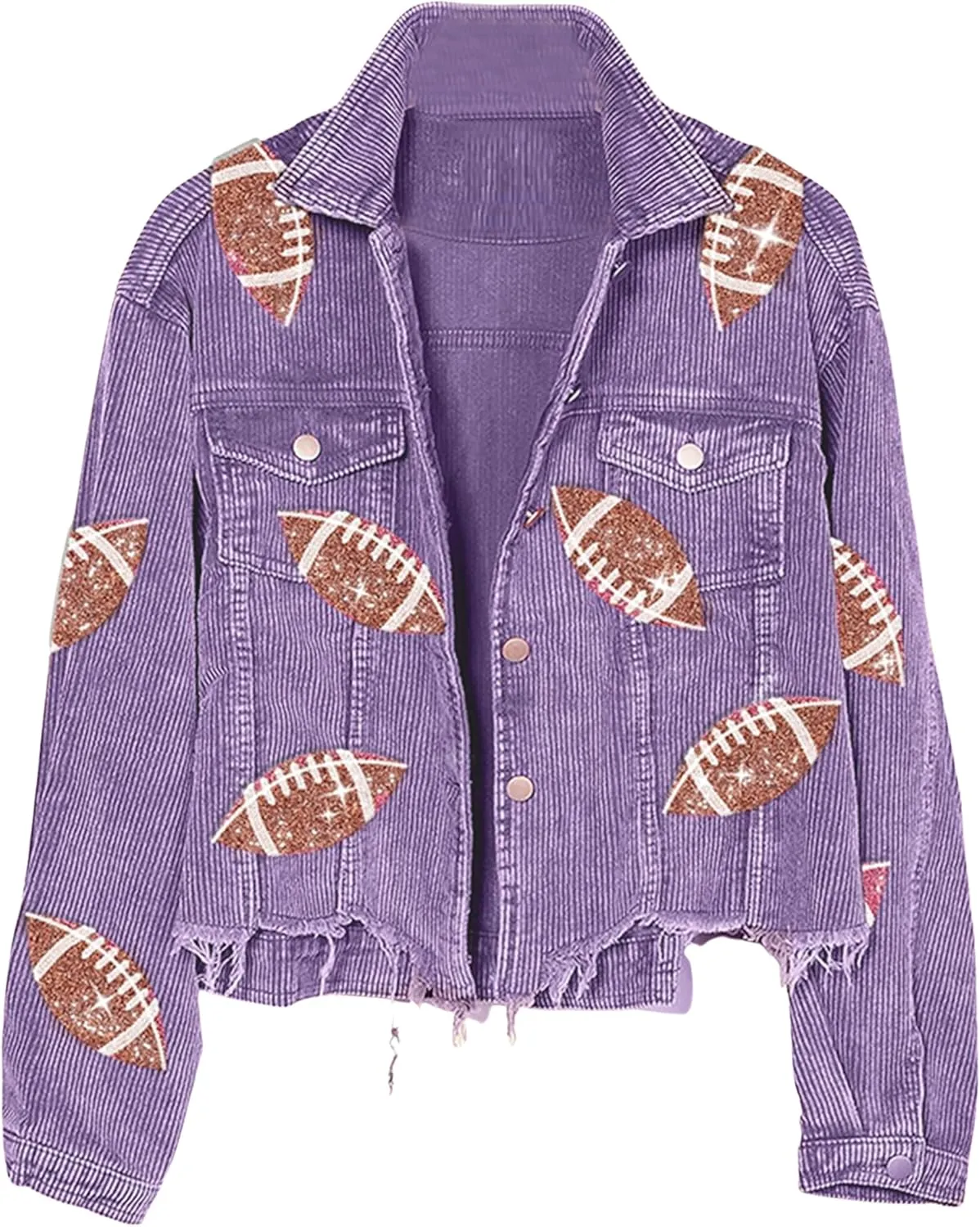 SeekMe Women's Cropped Corduroy Jacket Football Sequin Patched Short Button Raw Hem Jacket Coat