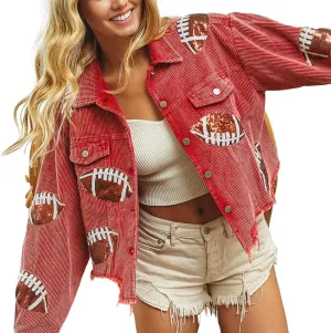 SeekMe Women's Cropped Corduroy Jacket Football Sequin Patched Short Button Raw Hem Jacket Coat