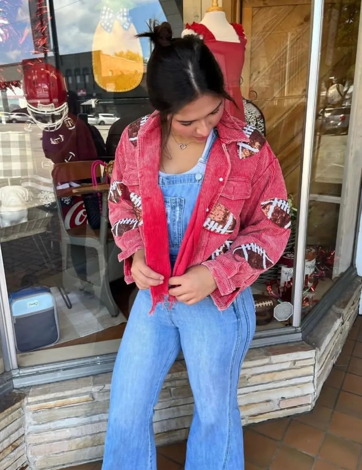 SeekMe Women's Cropped Corduroy Jacket Football Sequin Patched Short Button Raw Hem Jacket Coat