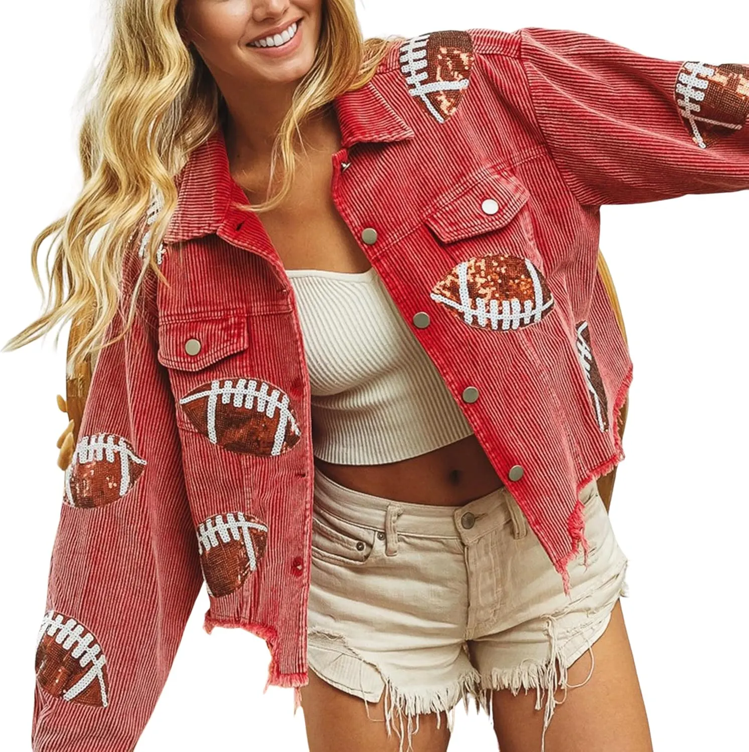 SeekMe Women's Cropped Corduroy Jacket Football Sequin Patched Short Button Raw Hem Jacket Coat