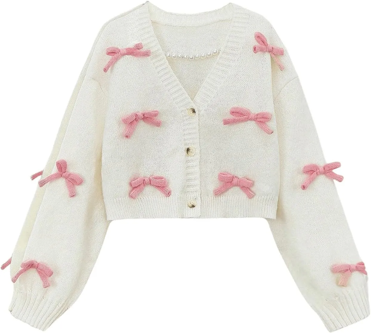 SHENHE Girl's Bow Button Down Knitted Cardigan V Neck Loose Cute Crop Sweater Outwear