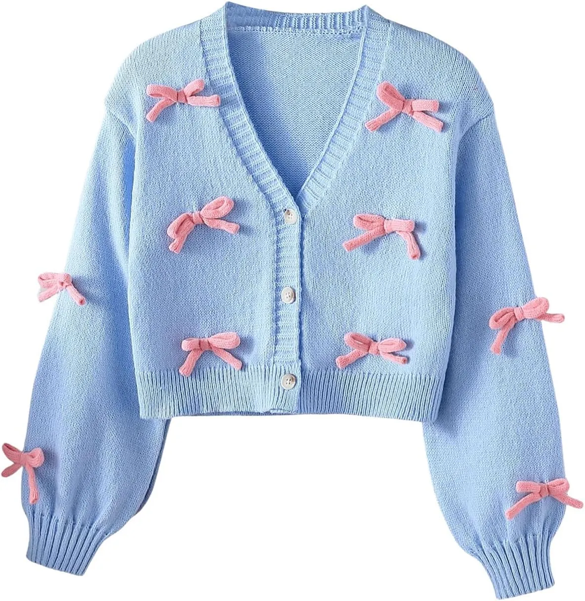 SHENHE Girl's Bow Button Down Knitted Cardigan V Neck Loose Cute Crop Sweater Outwear