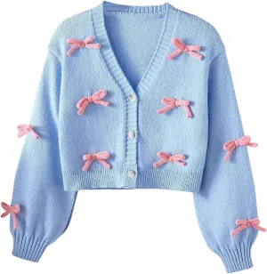 SHENHE Girl's Bow Button Down Knitted Cardigan V Neck Loose Cute Crop Sweater Outwear