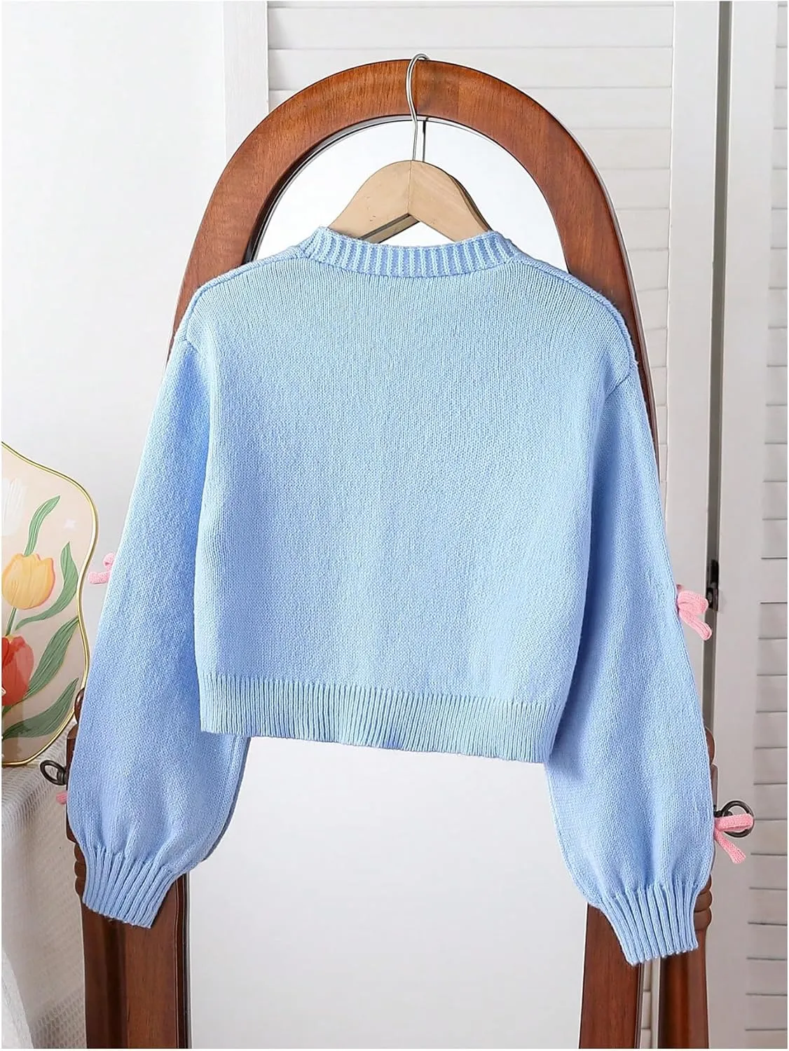 SHENHE Girl's Bow Button Down Knitted Cardigan V Neck Loose Cute Crop Sweater Outwear