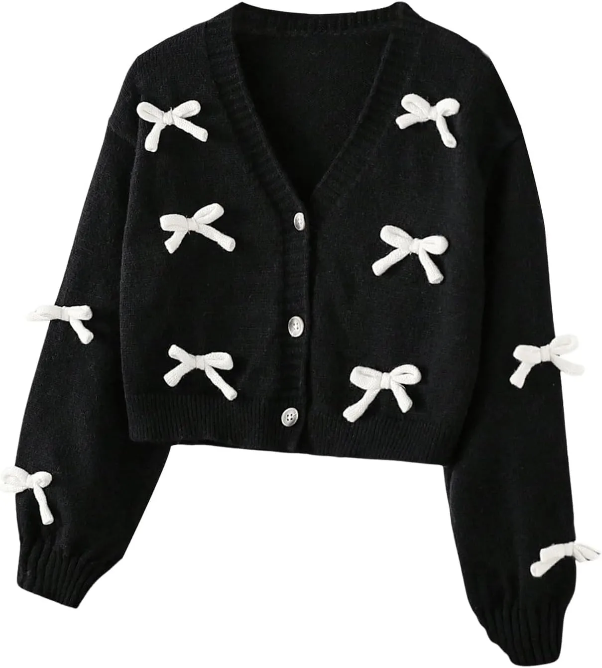 SHENHE Girl's Bow Button Down Knitted Cardigan V Neck Loose Cute Crop Sweater Outwear