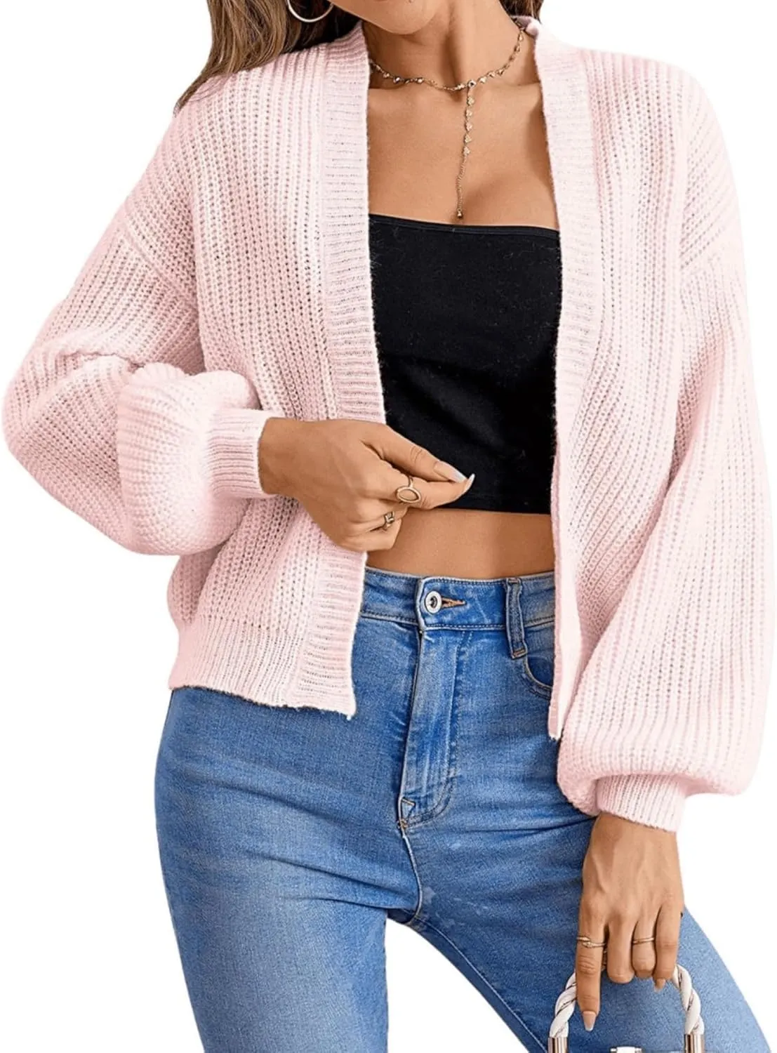 SHENHE Women's Color Block Open Front Long Sleeve Ribbed Knit Cropped Cardigan Sweaters