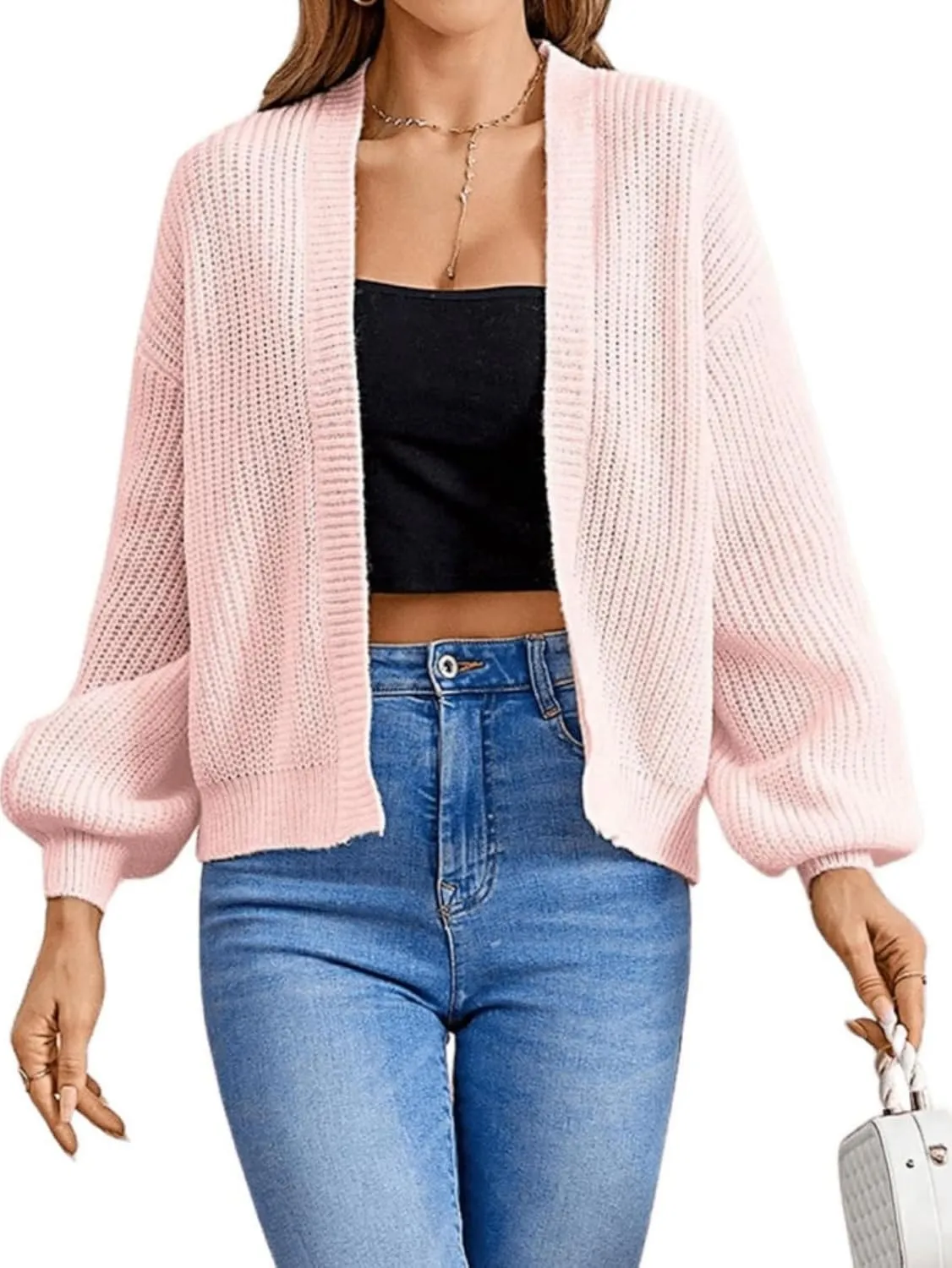 SHENHE Women's Color Block Open Front Long Sleeve Ribbed Knit Cropped Cardigan Sweaters
