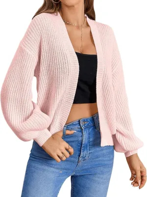 SHENHE Women's Color Block Open Front Long Sleeve Ribbed Knit Cropped Cardigan Sweaters