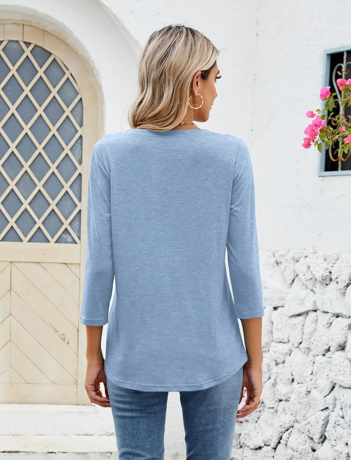 Sherosa Womens Casual 3/4 Sleeve T Shirts Crew Neck Loose Fit Tunic Tops Solid Basic Tops Tees