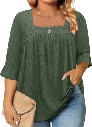 Siddhe Womens Plus Size Tops Loose Fit 3/4 Ruffle Sleeve Blouses Square Neck T Shirt Casual Tunic Tops(1X-5X)