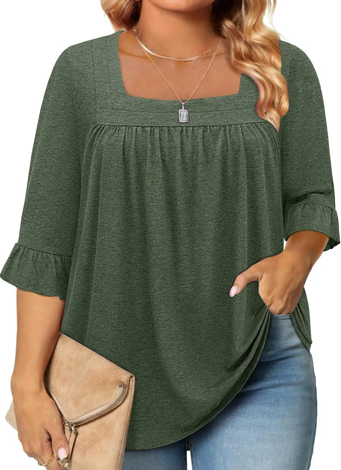 Siddhe Womens Plus Size Tops Loose Fit 3/4 Ruffle Sleeve Blouses Square Neck T Shirt Casual Tunic Tops(1X-5X)