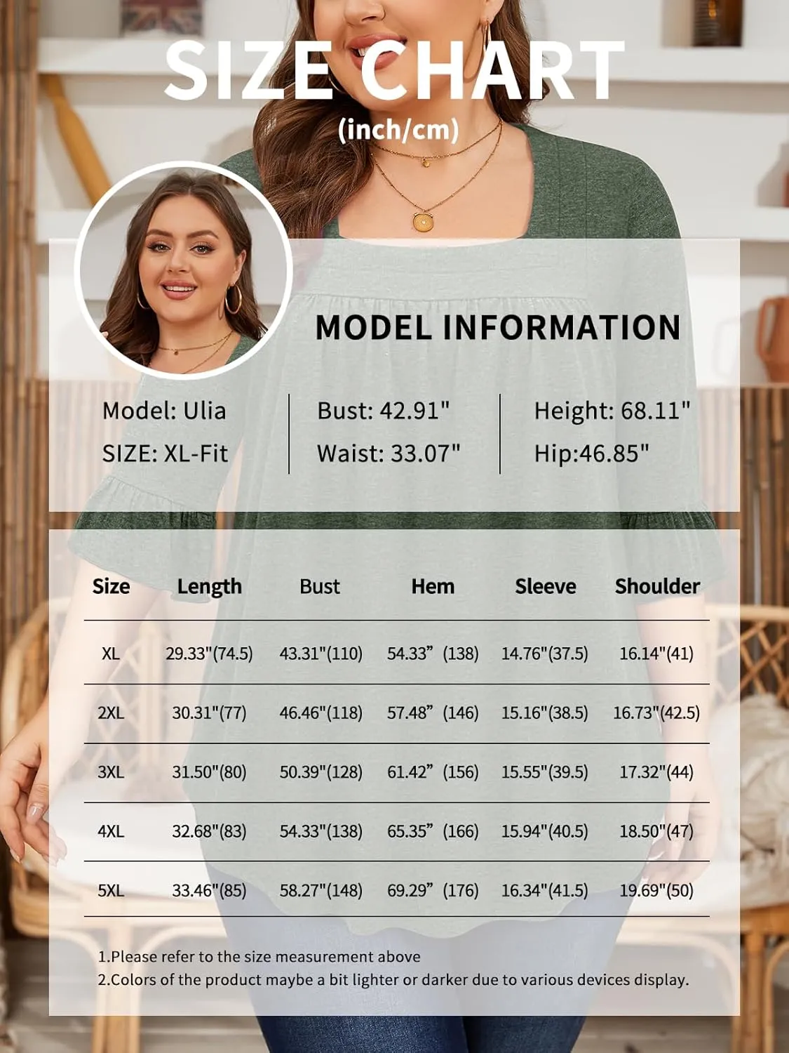 Siddhe Womens Plus Size Tops Loose Fit 3/4 Ruffle Sleeve Blouses Square Neck T Shirt Casual Tunic Tops(1X-5X)