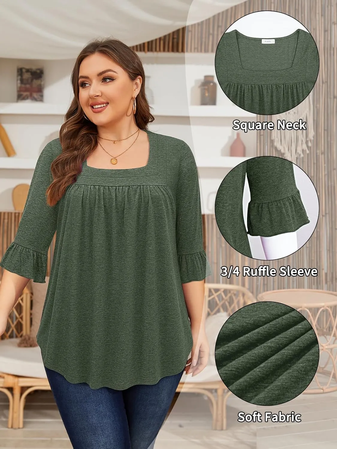 Siddhe Womens Plus Size Tops Loose Fit 3/4 Ruffle Sleeve Blouses Square Neck T Shirt Casual Tunic Tops(1X-5X)