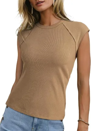 Sidefeel Womens Tops Casual Crewneck Cap Sleeve Tops Ribbed Raw Hem Summer T Shirts Slim Fit Basic Tees Blouses