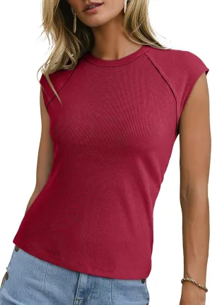 Sidefeel Womens Tops Casual Crewneck Cap Sleeve Tops Ribbed Raw Hem Summer T Shirts Slim Fit Basic Tees Blouses