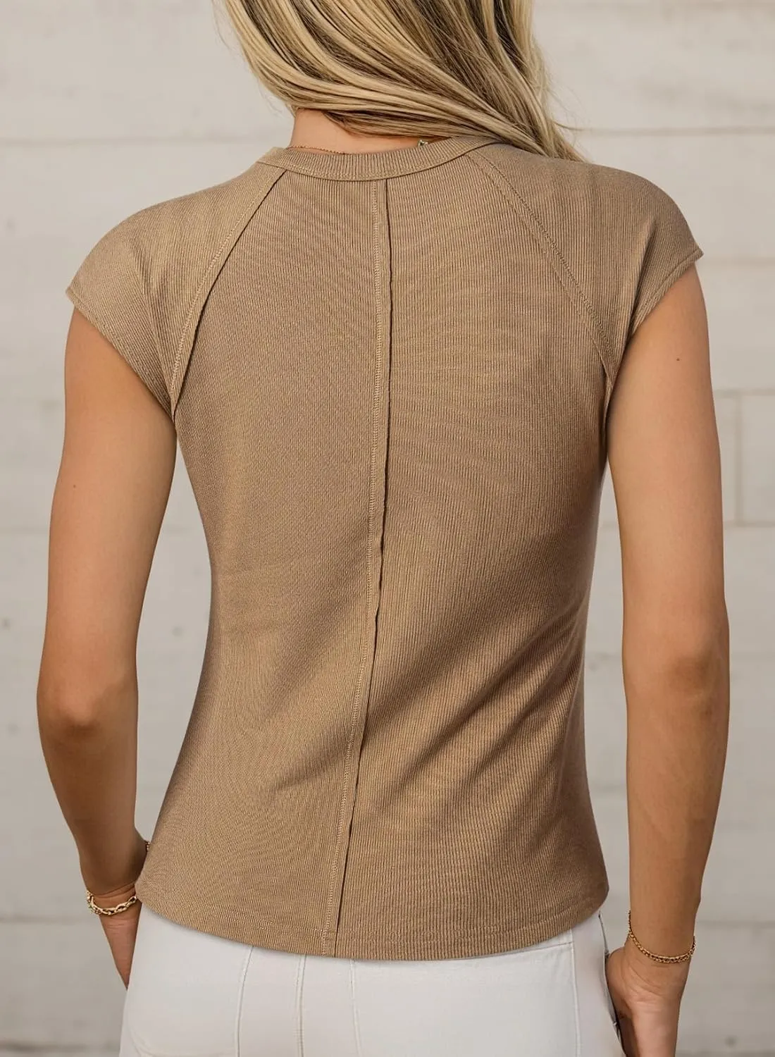 Sidefeel Womens Tops Casual Crewneck Cap Sleeve Tops Ribbed Raw Hem Summer T Shirts Slim Fit Basic Tees Blouses