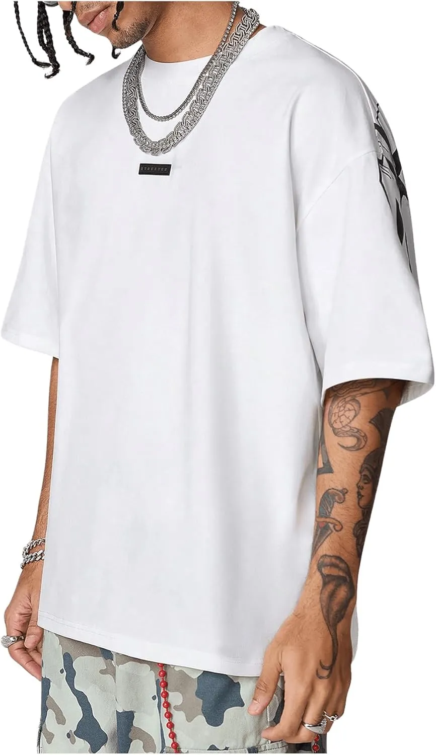 SOLY HUX Men's Graphic Tees Letter Print Drop Shoulder Half Sleeve T Shirt Oversized Summer Tops