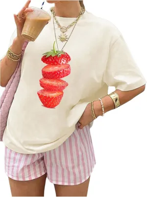 SOLY HUX Women's Graphic Tees Half Sleeve Oversized T Shirt Strawberry Print Aesthetic Summer Tops