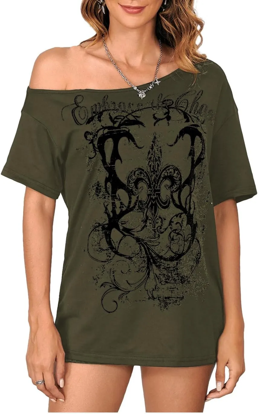 SOLY HUX Women's Off The Shoulder Tops Graphic Tees Y2k Vintage Gothic Oversized T Shirts Streetwear