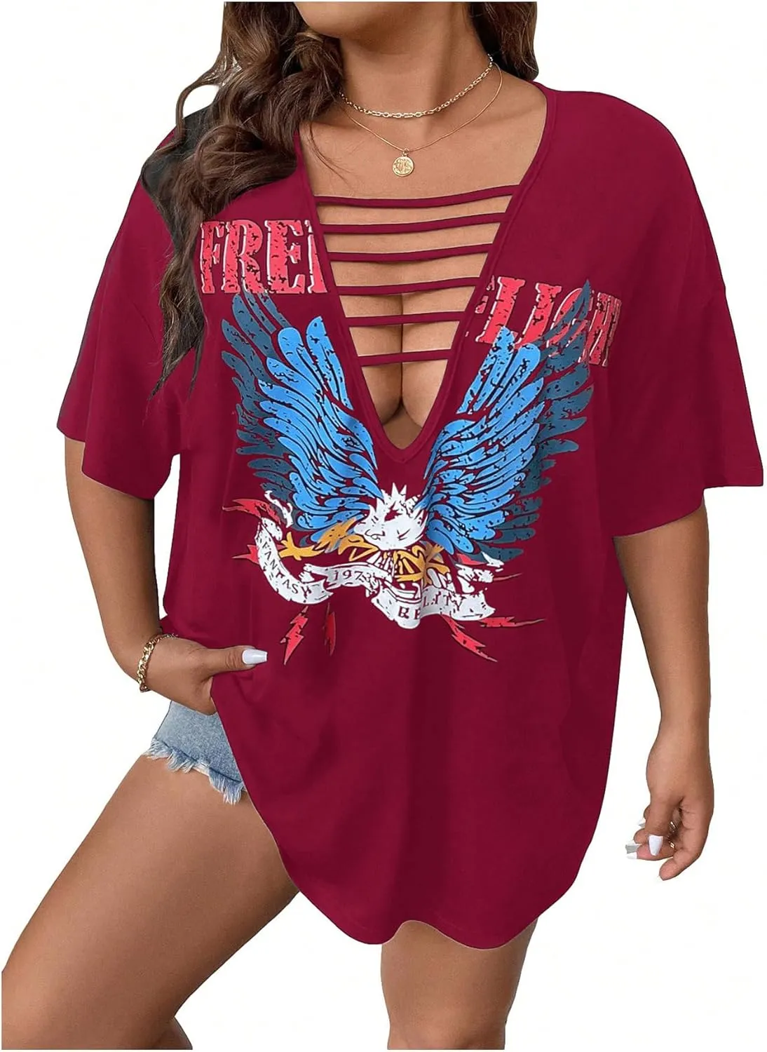 SOLY HUX Women's Plus Size Letter Graphic Tees Cut Out Deep V Neck Half Sleeve T Shirts Tops