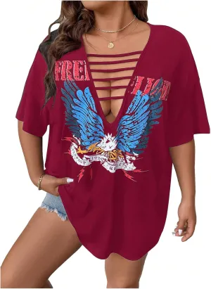 SOLY HUX Women's Plus Size Letter Graphic Tees Cut Out Deep V Neck Half Sleeve T Shirts Tops