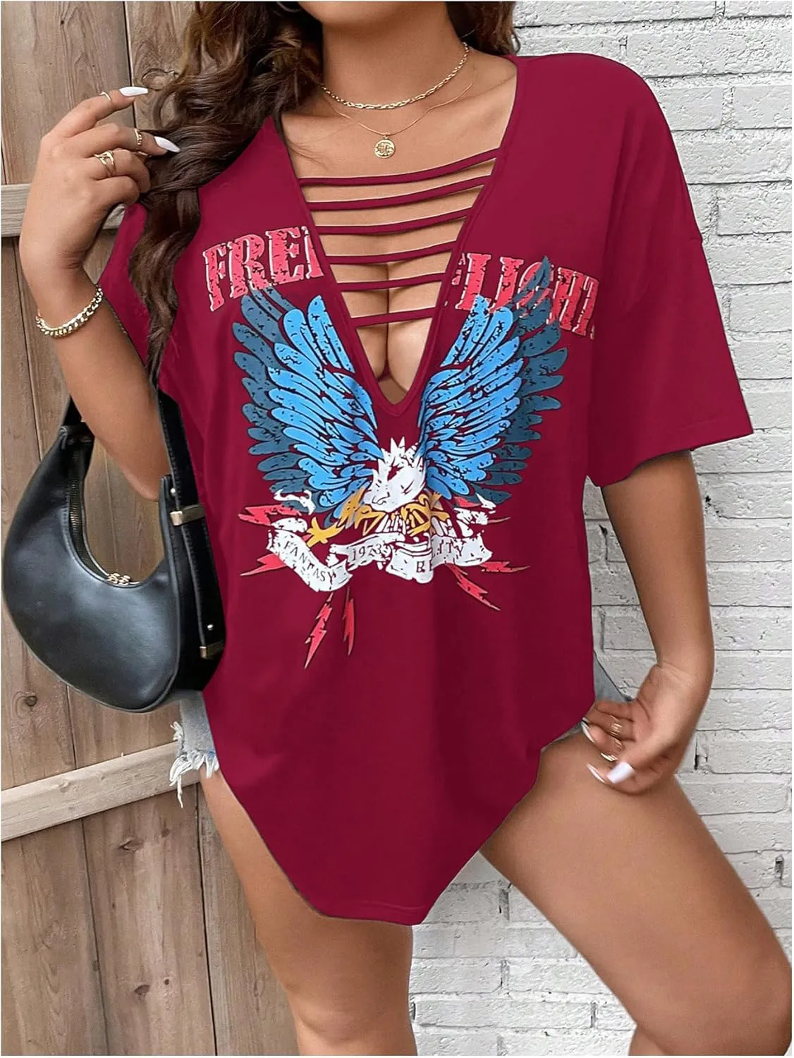 SOLY HUX Women's Plus Size Letter Graphic Tees Cut Out Deep V Neck Half Sleeve T Shirts Tops