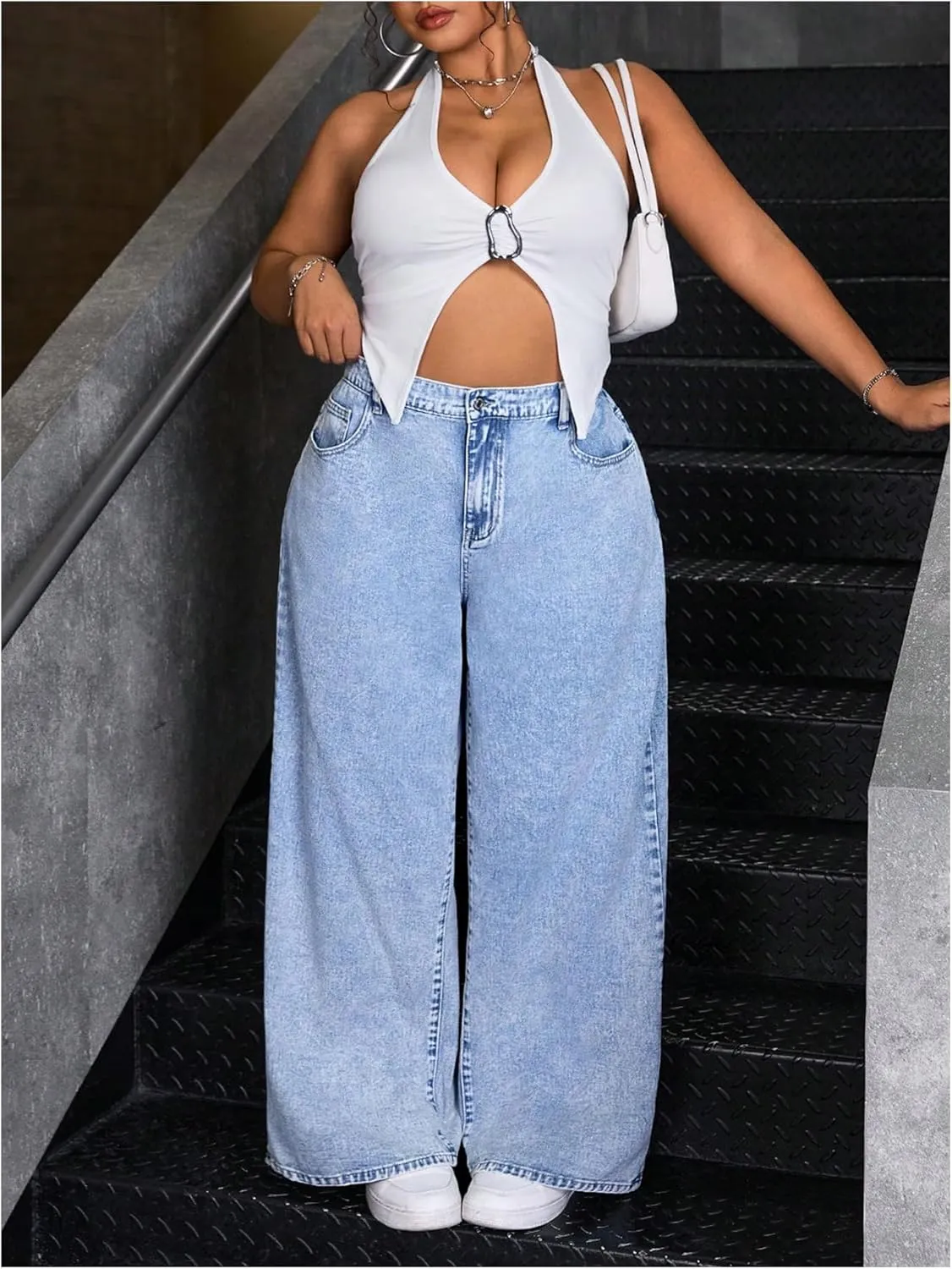 SOLY HUX Women's Plus Size Y2k Jeans Elastic High Waisted Wide Leg Long Denim Pants Streetwear