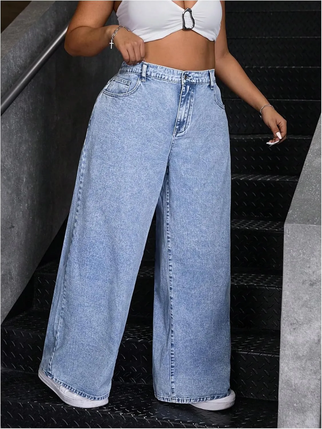SOLY HUX Women's Plus Size Y2k Jeans Elastic High Waisted Wide Leg Long Denim Pants Streetwear