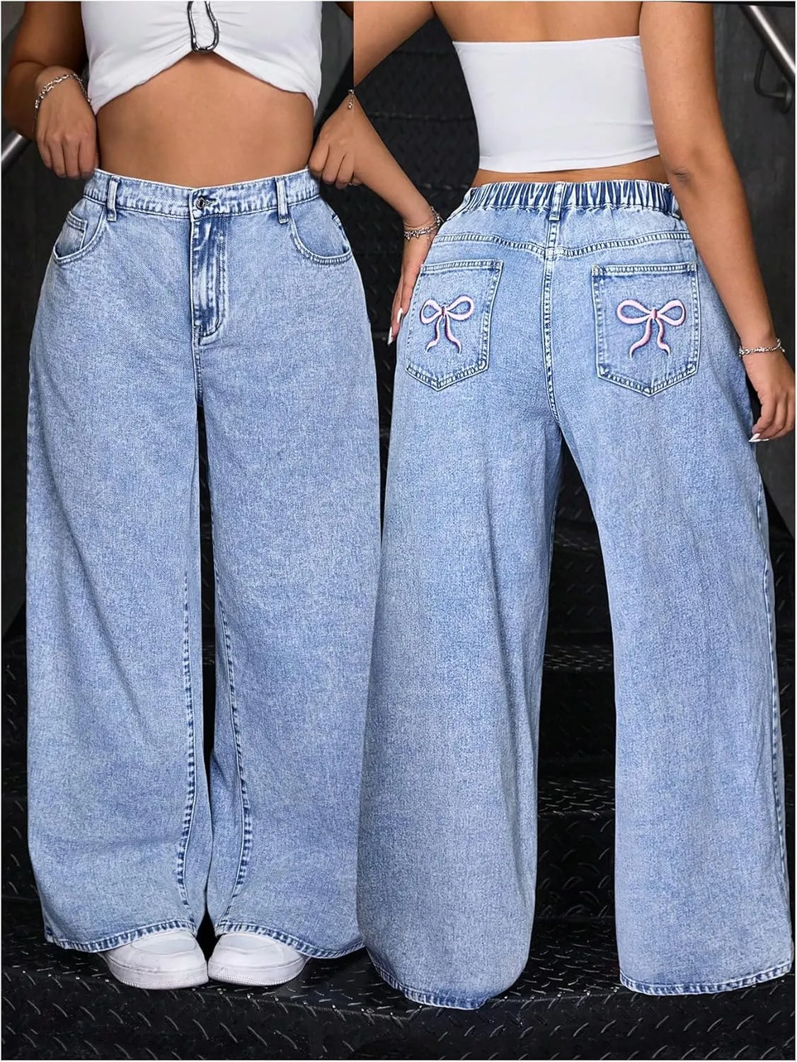 SOLY HUX Women's Plus Size Y2k Jeans Elastic High Waisted Wide Leg Long Denim Pants Streetwear
