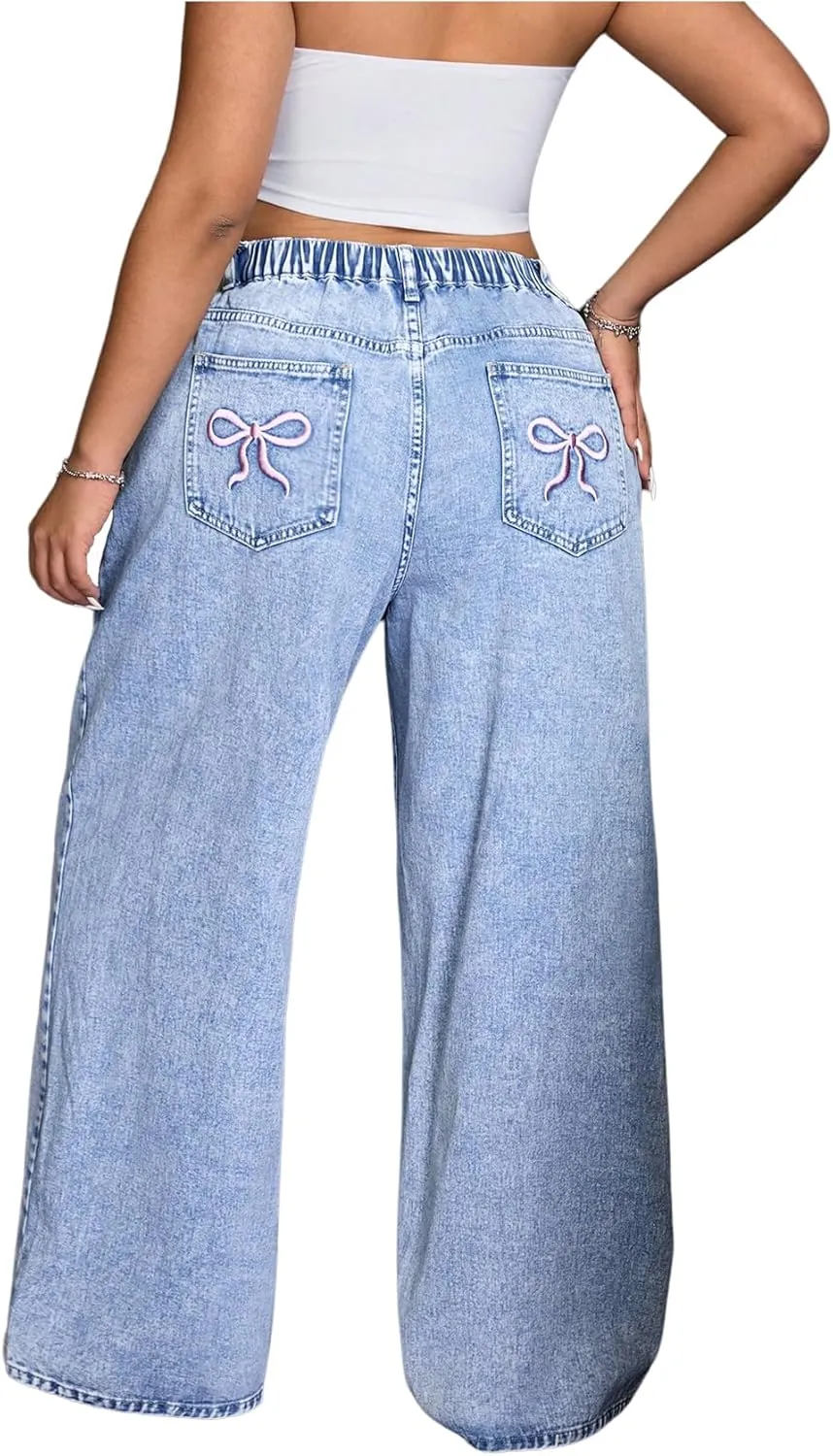 SOLY HUX Women's Plus Size Y2k Jeans Elastic High Waisted Wide Leg Long Denim Pants Streetwear