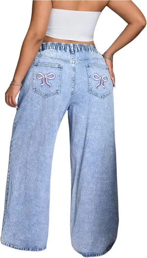 SOLY HUX Women's Plus Size Y2k Jeans Elastic High Waisted Wide Leg Long Denim Pants Streetwear