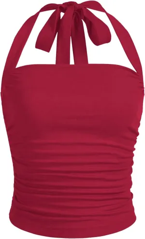 SOLY HUX Women's Ruched Halter Y2K Crop Tops Tie Back Sleeveless Slim Fit Cami Tops