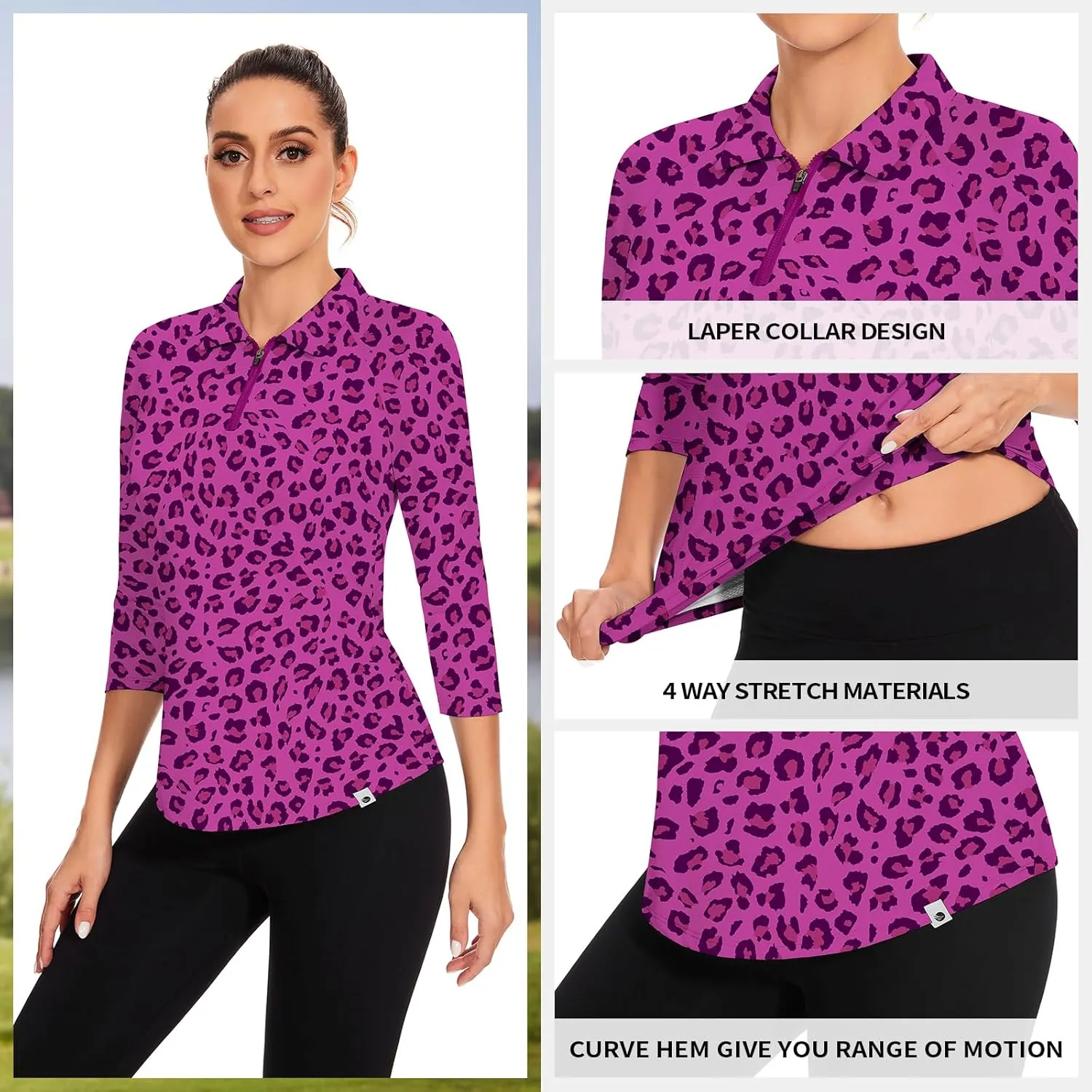 Soneven Womens 3/4 Sleeve Golf Shirts Moisture Wicking Long Sleeve Golf Polo Shirts UPF50  Tennis Tops