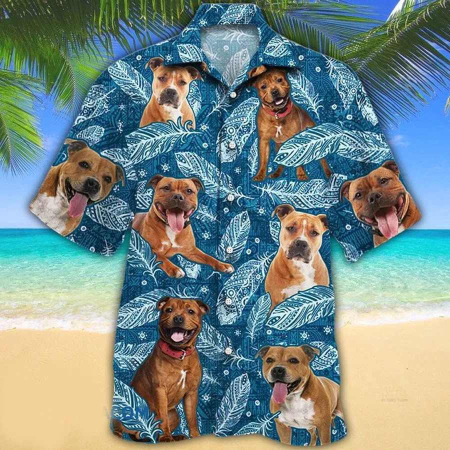 Staffordshire Bull Terrier Dog Lovers Blue Feather Hawaii Hawaiian Shirt
